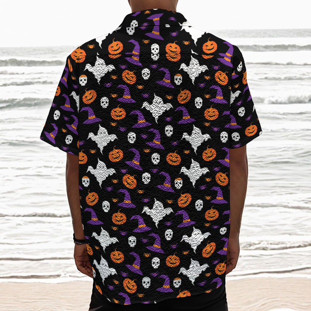 Happy Halloween Ghost Pattern Print Textured Short Sleeve Shirt