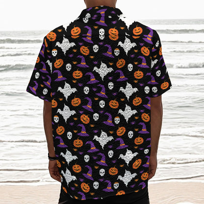 Happy Halloween Ghost Pattern Print Textured Short Sleeve Shirt