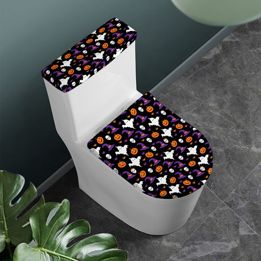 Happy Halloween Ghost Pattern Print Toilet Lid And Tank Cover Set