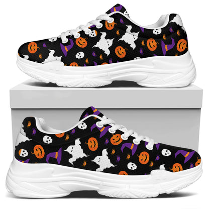 Happy Halloween Ghost Pattern Print White Chunky Shoes