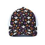 Happy Halloween Ghost Pattern Print White Mesh Trucker Cap