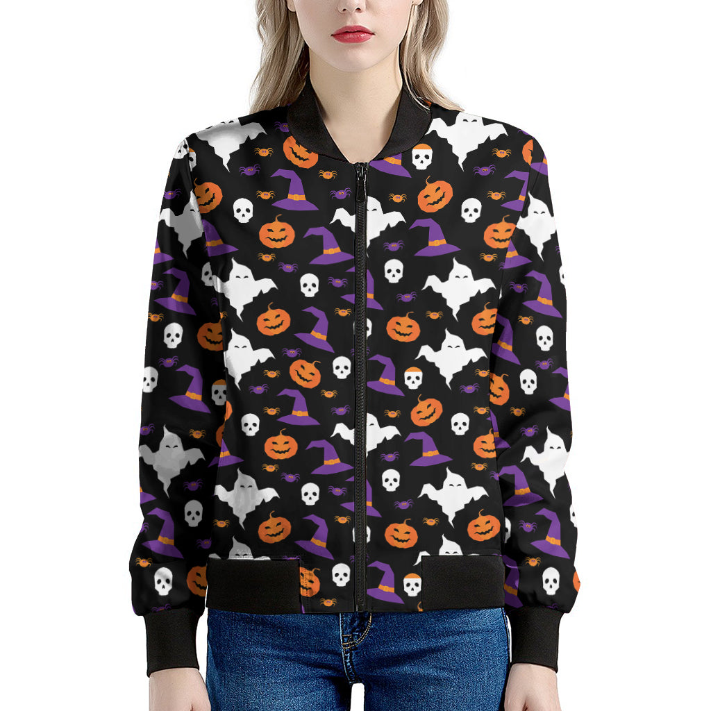Happy Halloween Ghost Pattern Print Women's Bomber Jacket