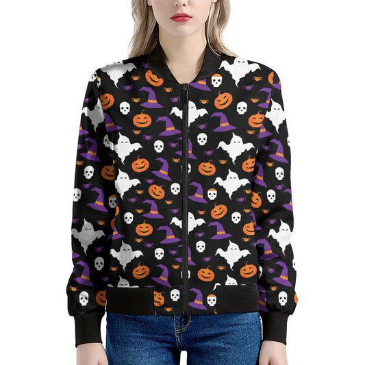 Happy Halloween Ghost Pattern Print Women's Bomber Jacket