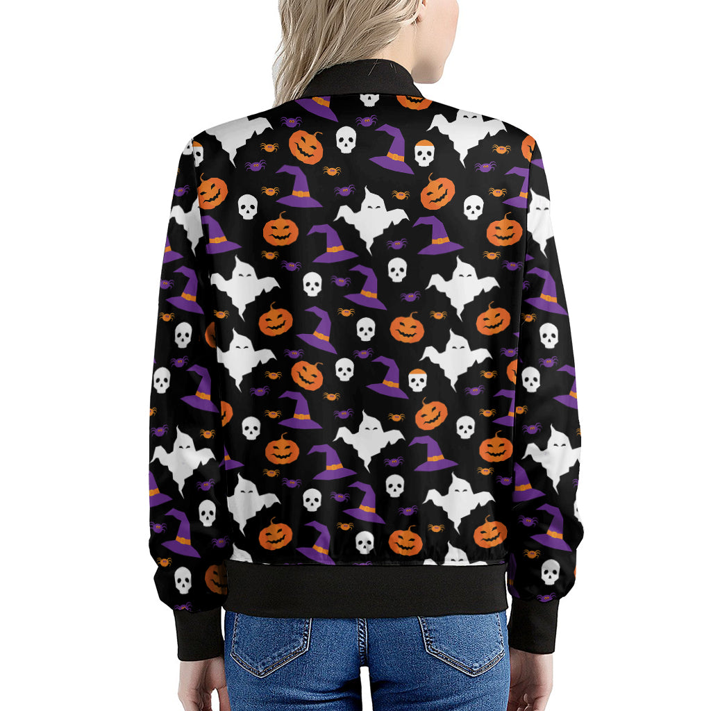 Happy Halloween Ghost Pattern Print Women's Bomber Jacket