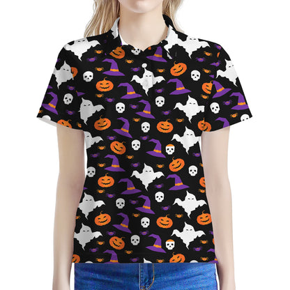 Happy Halloween Ghost Pattern Print Women's Polo Shirt