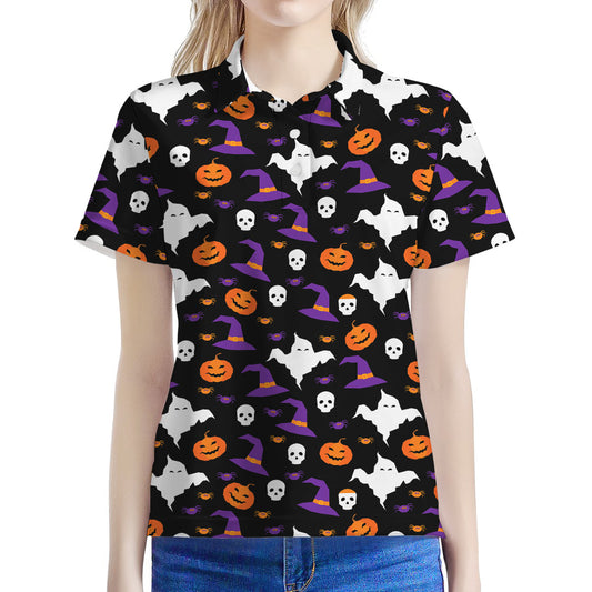 Happy Halloween Ghost Pattern Print Women's Polo Shirt