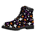 Happy Halloween Ghost Pattern Print Padded Collar Lace Up Boots