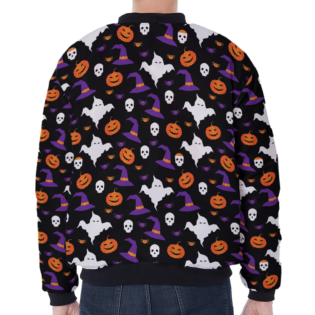 Happy Halloween Ghost Pattern Print Zip Sleeve Bomber Jacket