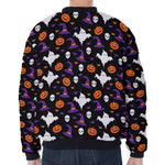 Happy Halloween Ghost Pattern Print Zip Sleeve Bomber Jacket