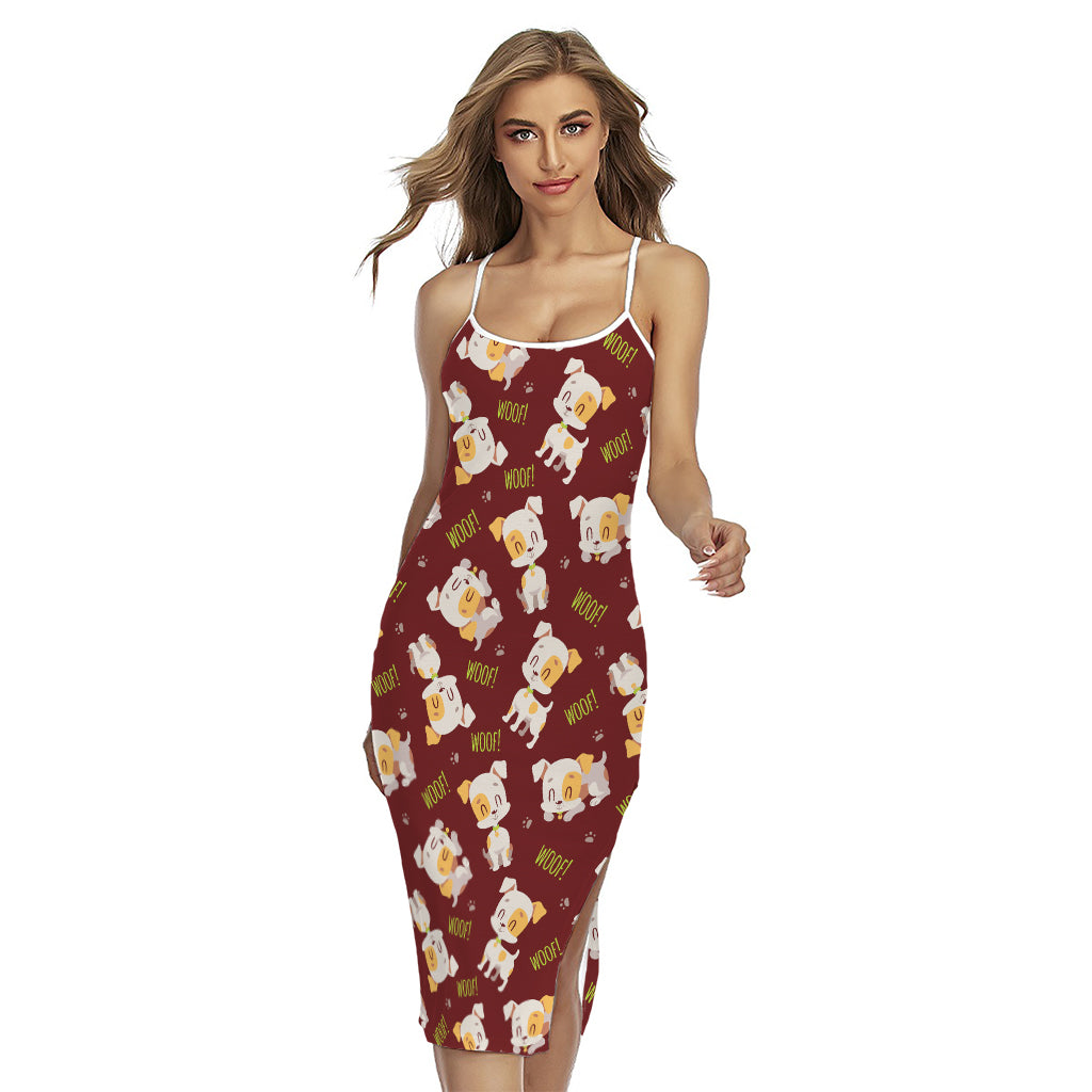 Happy Jack Russell Terrier Pattern Print Cross Back Cami Dress
