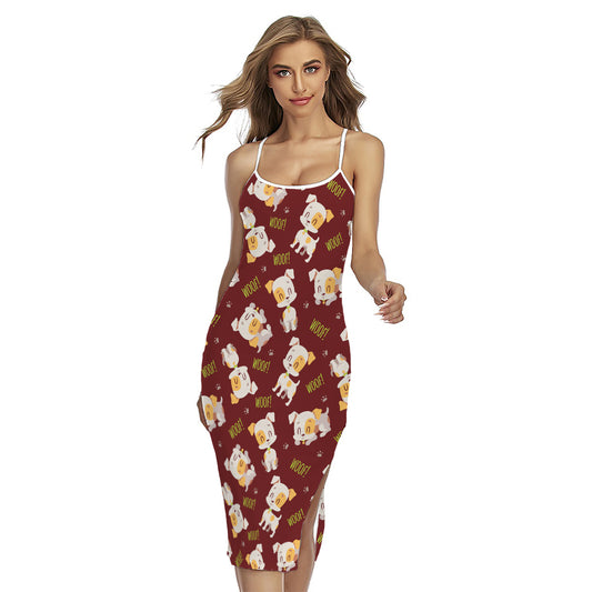 Happy Jack Russell Terrier Pattern Print Cross Back Cami Dress