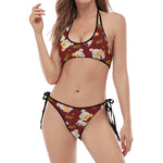 Happy Jack Russell Terrier Pattern Print Halter Scoop Tie Side Bikini