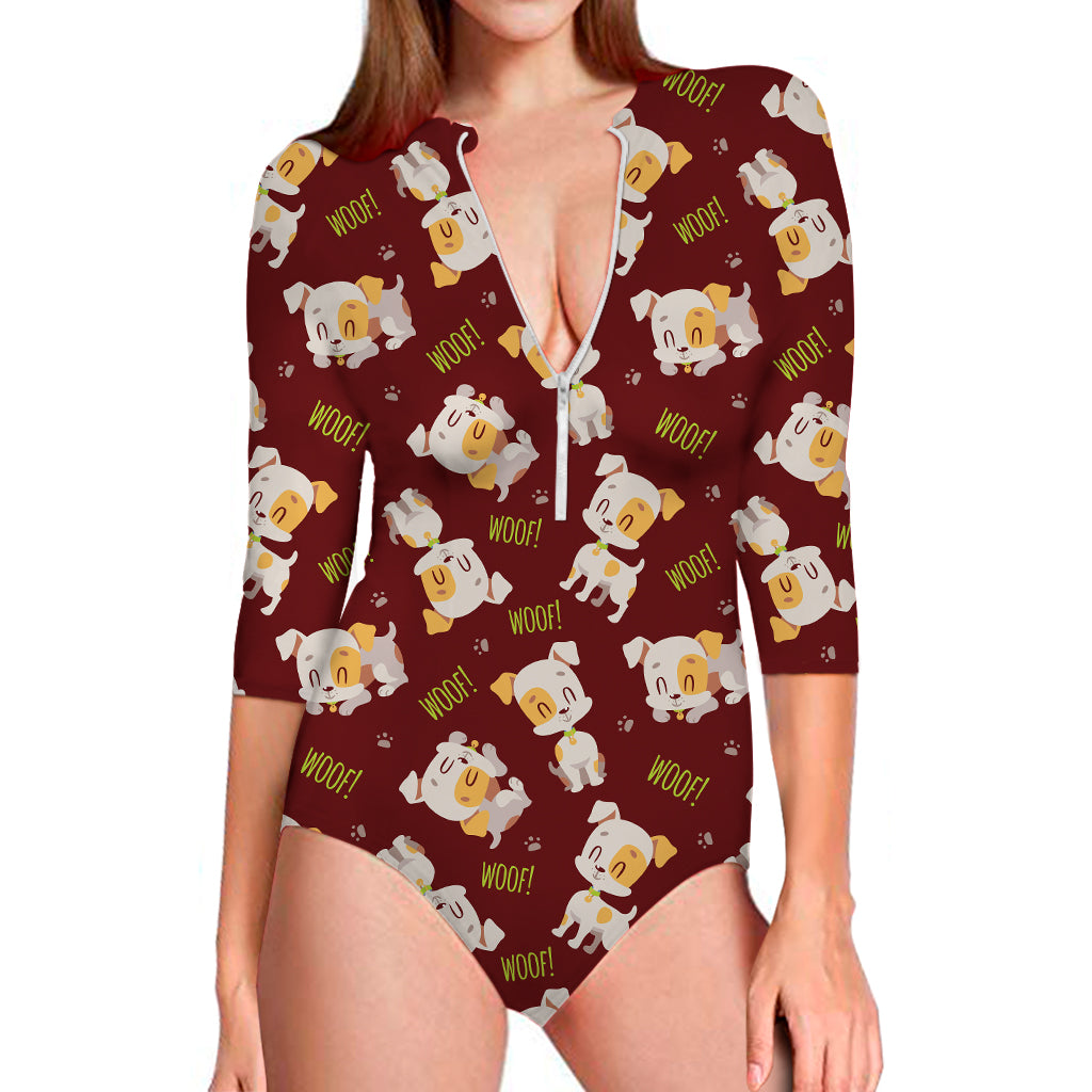 Happy Jack Russell Terrier Pattern Print Long Sleeve Swimsuit