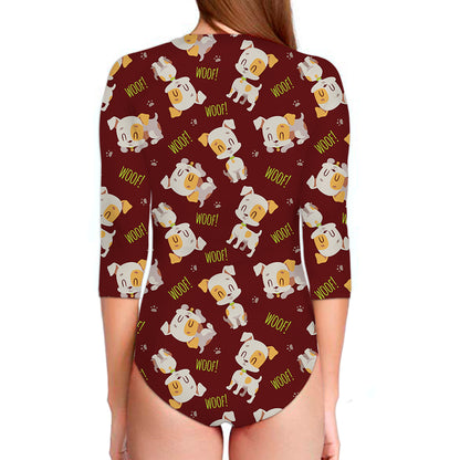 Happy Jack Russell Terrier Pattern Print Long Sleeve Swimsuit
