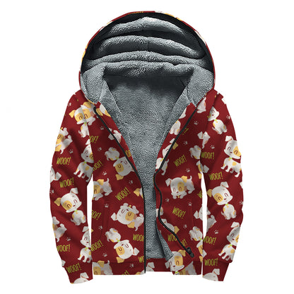 Happy Jack Russell Terrier Pattern Print Sherpa Lined Zip Up Hoodie