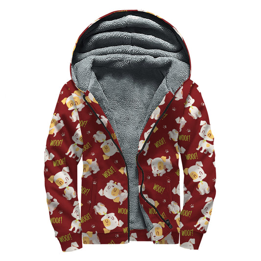 Happy Jack Russell Terrier Pattern Print Sherpa Lined Zip Up Hoodie