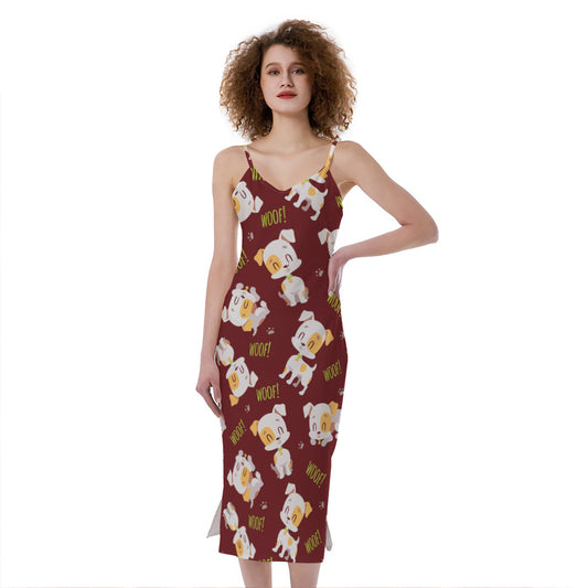 Happy Jack Russell Terrier Pattern Print Slim Fit Midi Cami Dress