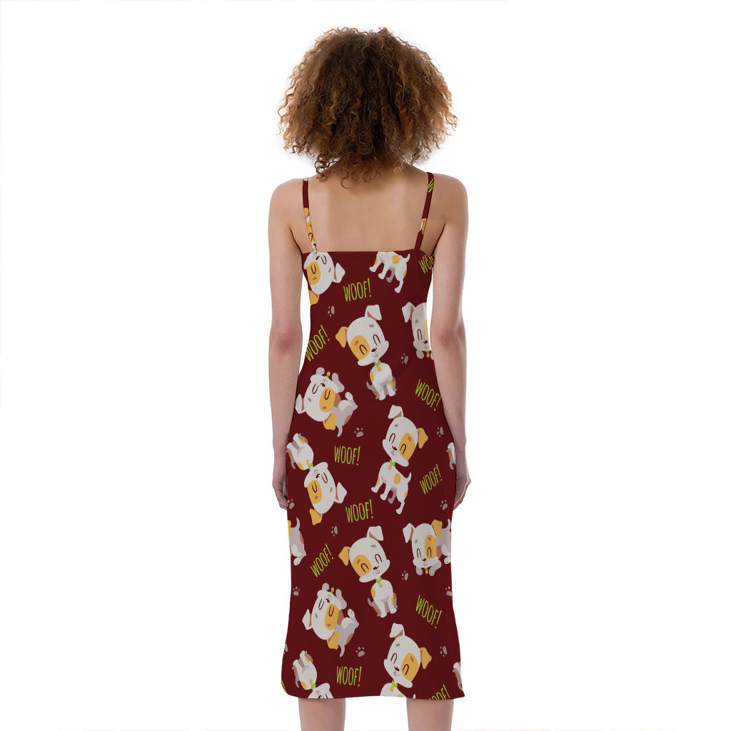 Happy Jack Russell Terrier Pattern Print Slim Fit Midi Cami Dress