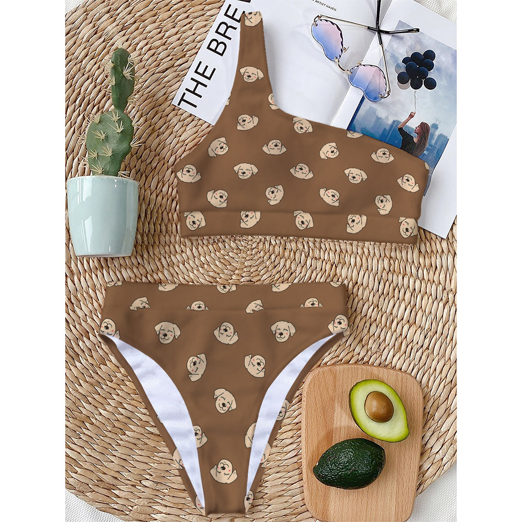 Happy Labrador Retriever Pattern Print One Shoulder Bikini Top