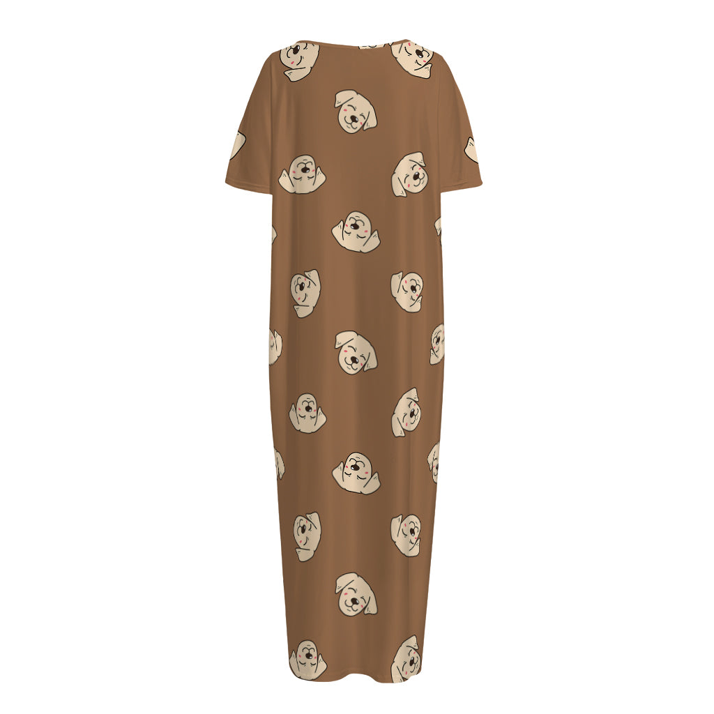 Happy Labrador Retriever Pattern Print Short Sleeve Long Nightdress