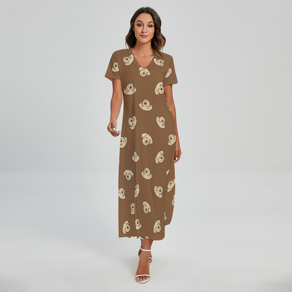 Happy Labrador Retriever Pattern Print Short Sleeve Maxi Dress