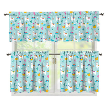 Happy Llama And Cactus Pattern Print 3 Piece Kitchen Curtains