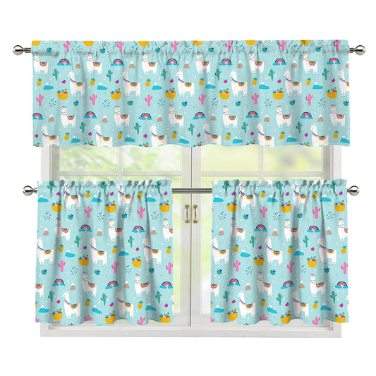 Happy Llama And Cactus Pattern Print 3 Piece Kitchen Curtains
