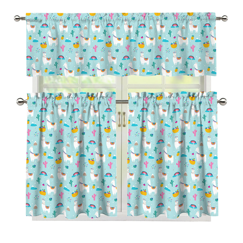 Happy Llama And Cactus Pattern Print 3 Piece Kitchen Curtains