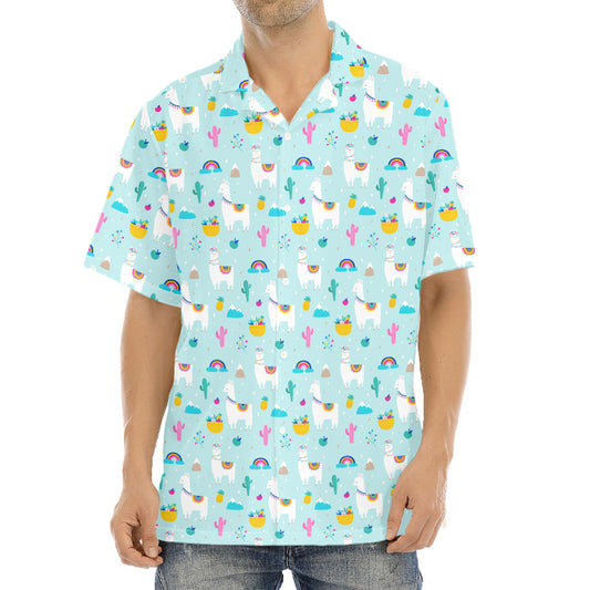 Happy Llama And Cactus Pattern Print Aloha Shirt
