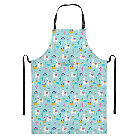 Happy Llama And Cactus Pattern Print Bib Apron With Pocket