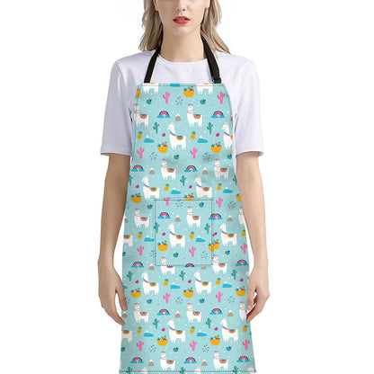 Happy Llama And Cactus Pattern Print Bib Apron With Pocket