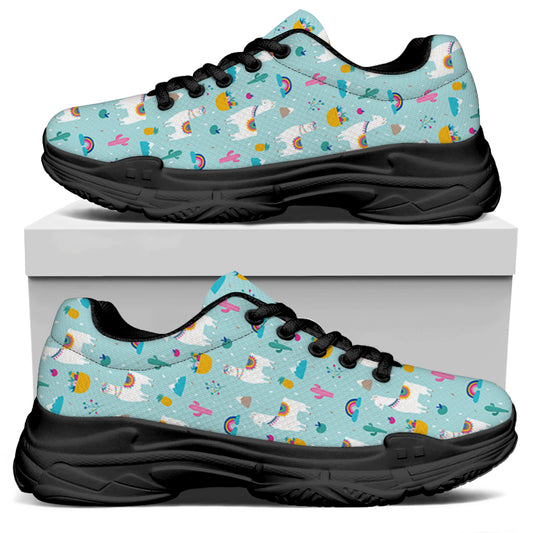 Happy Llama And Cactus Pattern Print Black Chunky Shoes
