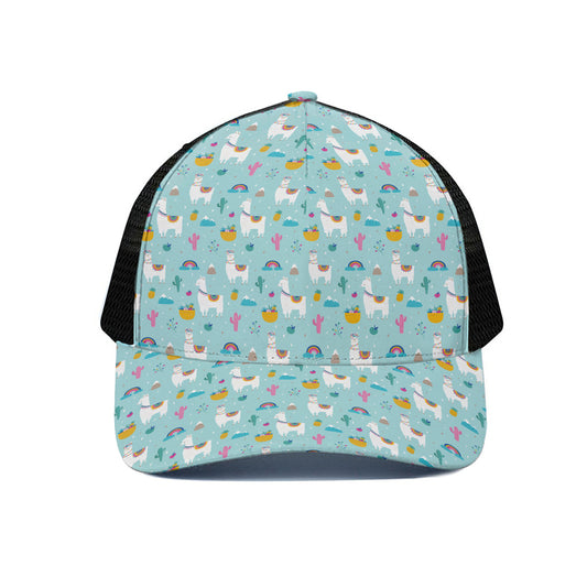 Happy Llama And Cactus Pattern Print Black Mesh Trucker Cap
