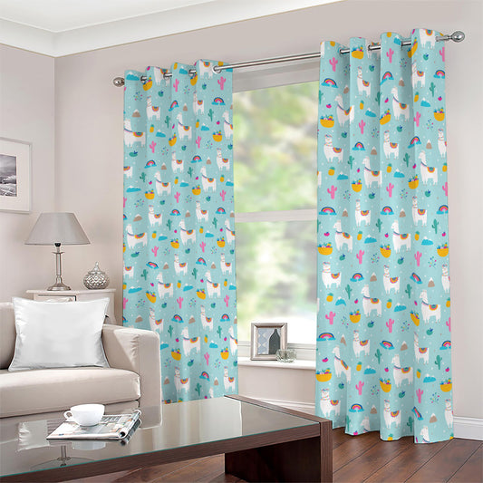 Happy Llama And Cactus Pattern Print Blackout Grommet Curtains