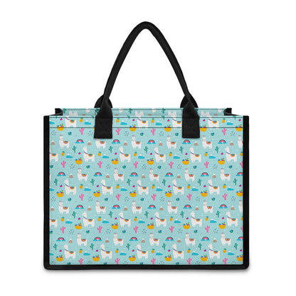 Happy Llama And Cactus Pattern Print Canvas Tote Bag