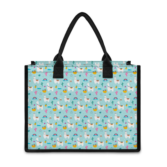 Happy Llama And Cactus Pattern Print Canvas Tote Bag
