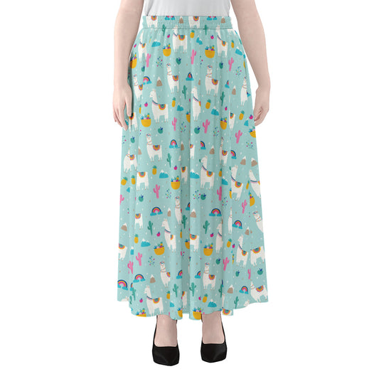 Happy Llama And Cactus Pattern Print Chiffon Maxi Skirt