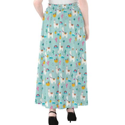 Happy Llama And Cactus Pattern Print Chiffon Maxi Skirt