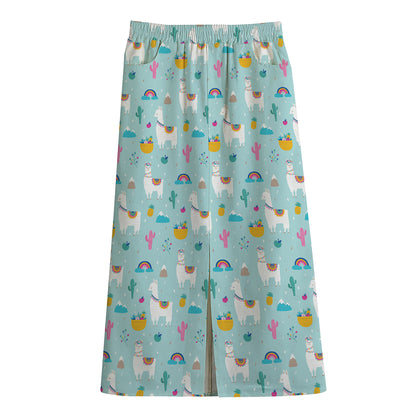 Happy Llama And Cactus Pattern Print Cotton Front Slit Maxi Skirt