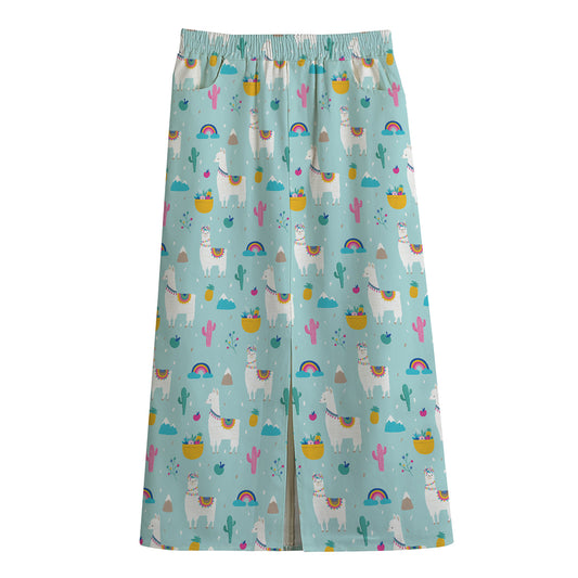 Happy Llama And Cactus Pattern Print Cotton Front Slit Maxi Skirt