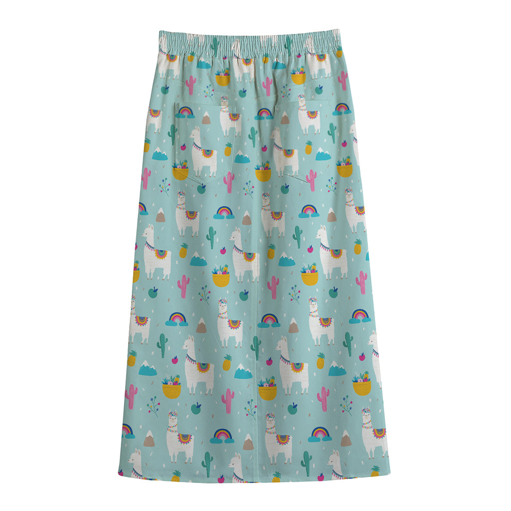 Happy Llama And Cactus Pattern Print Cotton Front Slit Maxi Skirt