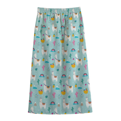 Happy Llama And Cactus Pattern Print Cotton Front Slit Maxi Skirt