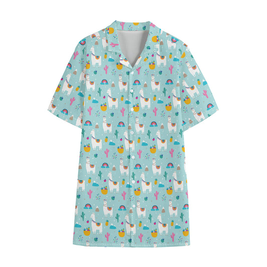 Happy Llama And Cactus Pattern Print Cotton Hawaiian Shirt