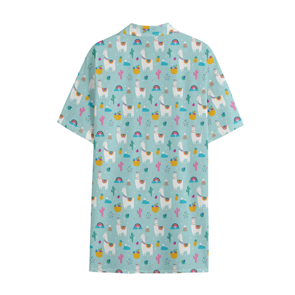Happy Llama And Cactus Pattern Print Cotton Hawaiian Shirt