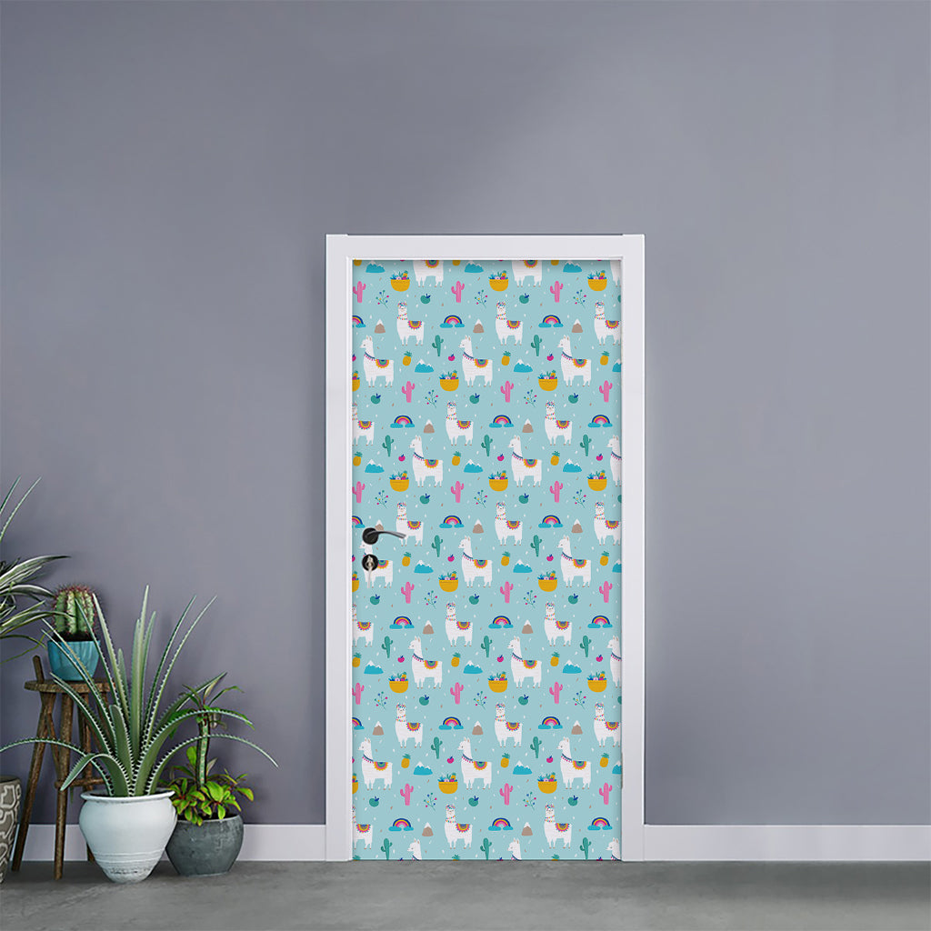 Happy Llama And Cactus Pattern Print Door Sticker