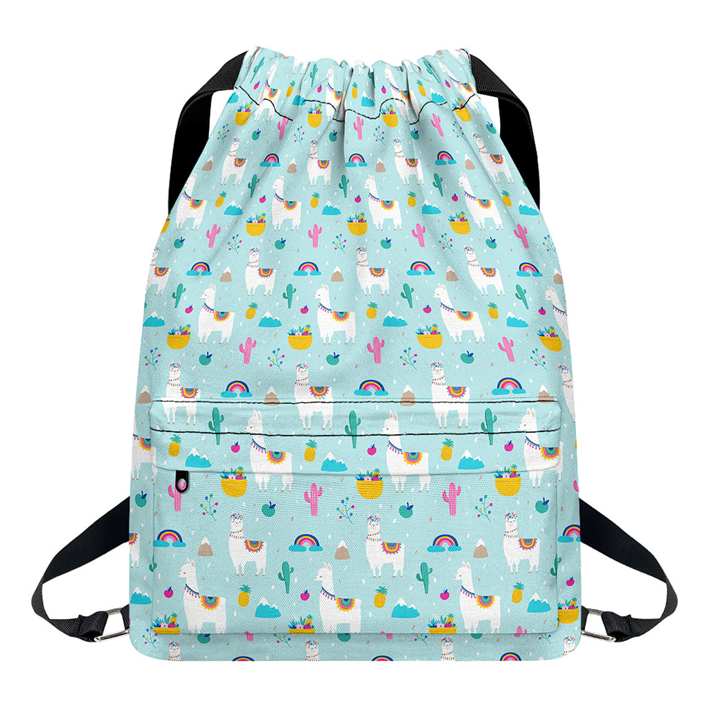 Happy Llama And Cactus Pattern Print Drawstring Backpack