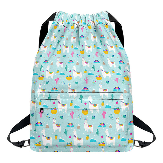 Happy Llama And Cactus Pattern Print Drawstring Backpack