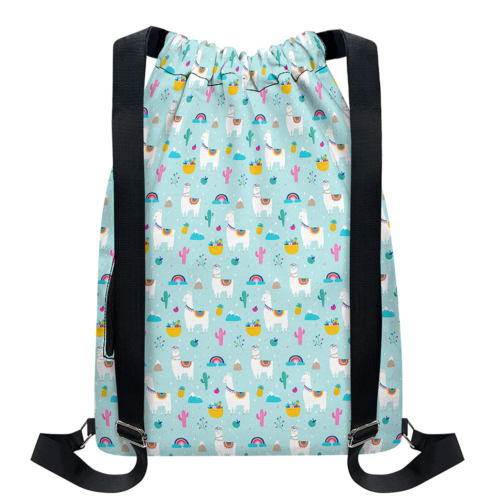 Happy Llama And Cactus Pattern Print Drawstring Backpack