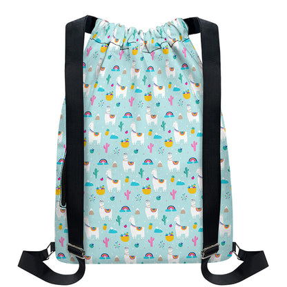 Happy Llama And Cactus Pattern Print Drawstring Backpack