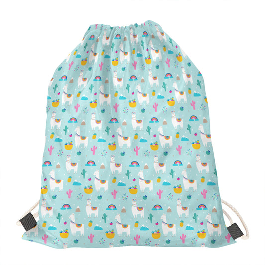 Happy Llama And Cactus Pattern Print Drawstring Bag